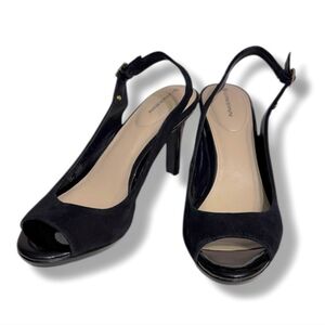 GIANI BERNINI Blankaa Black Suede & Patent Leather Peep Toe Slingback Heels
